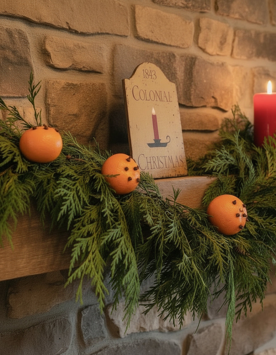 Decorative Christmas mantel with greenery, oranges, and a sign on a stone fireplace.