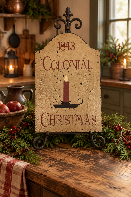 A decorative tombstone-shaped sign reading '1843 Colonial Christmas' with a candle illustration, displayed on a rustic wooden table in a cozy holiday kitchen setting with garlands and candles.