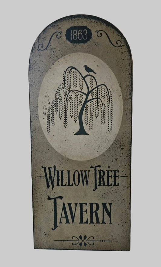 Decorative sign for Willow Tree Tavern with tree and bird design on a wooden background