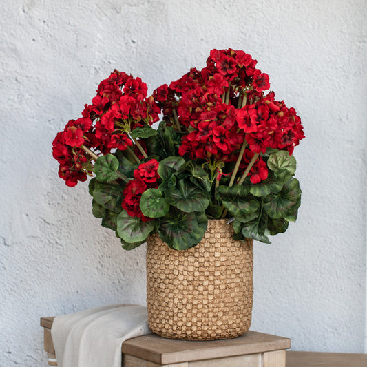 Artificial red geraniums in woven basket on wood table