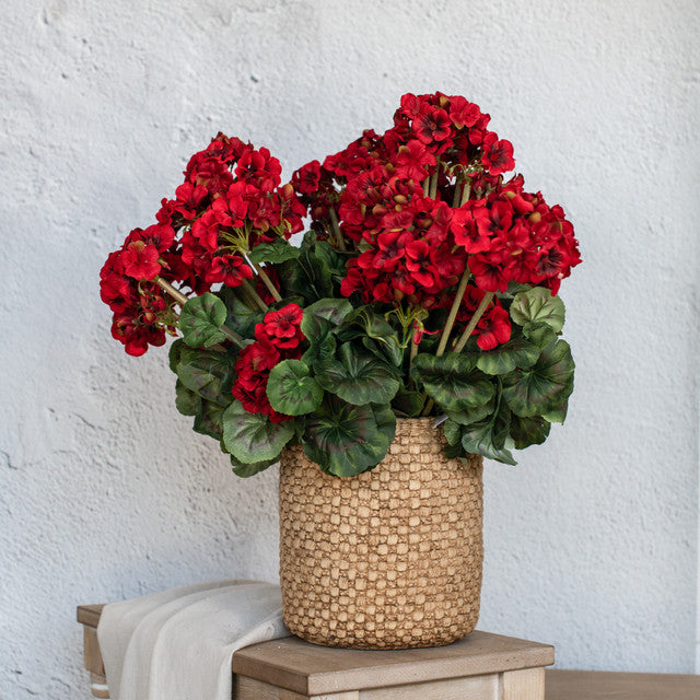 Artificial red geraniums in woven basket on wood table