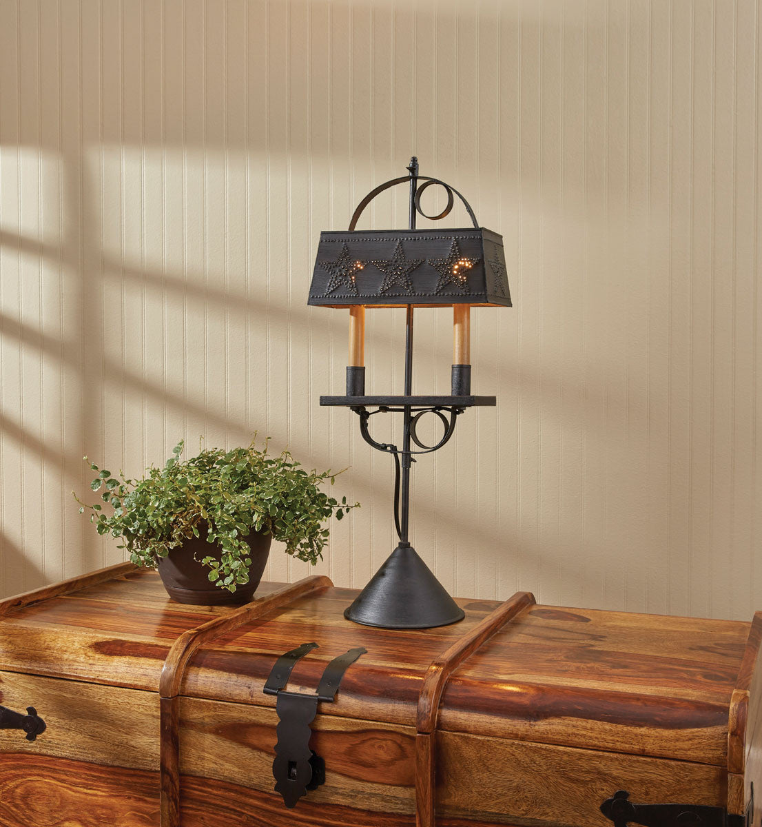 A black tin adjustable lamp with a spherical top and two-taper design, placed on a wooden surface, with a plant to its left.