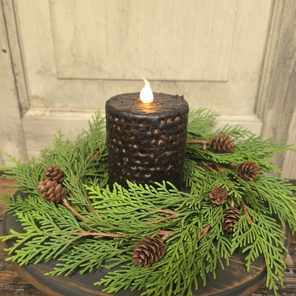 Black candle with a flame on a bed of greenery and pine cones.
