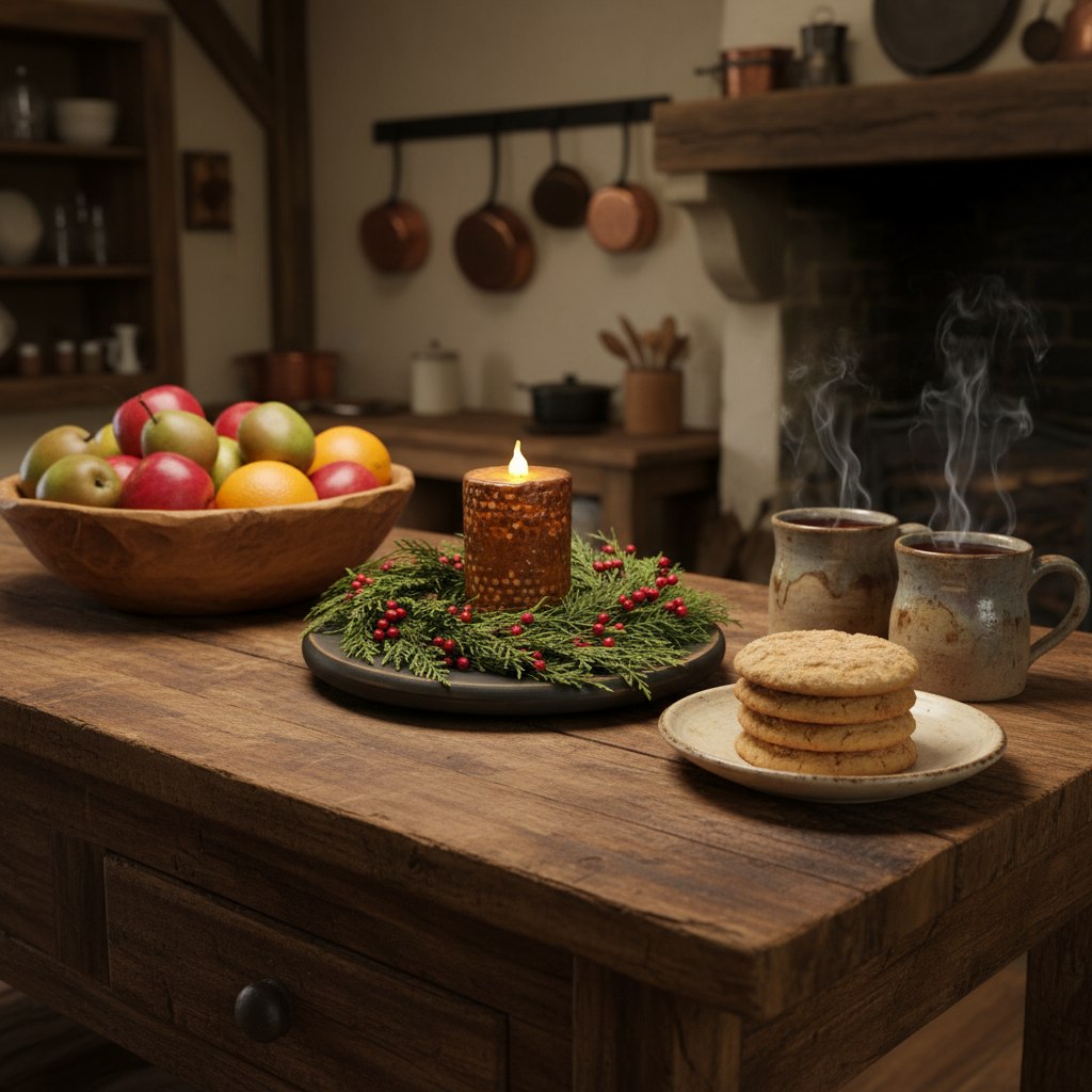 Wooden table with a bowl of fruit, lit candle, and cookies in a cozy kitchen setting.