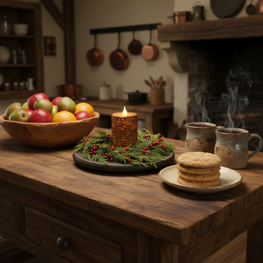 Wooden table with a bowl of fruit, lit candle, and cookies in a cozy kitchen setting.