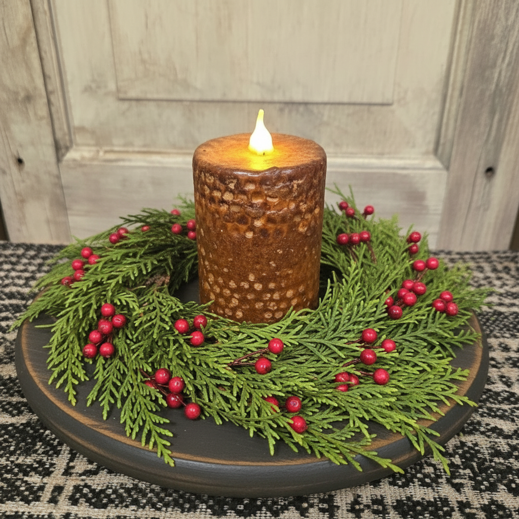 Decorative candle with pinecones and greenery on a wooden surface