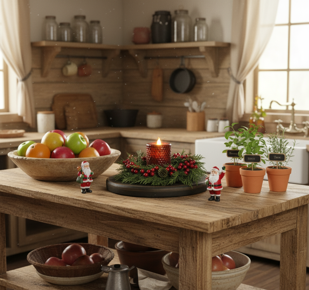 Decorative setup on a wooden table with fruits, candles, and small Santa figures in a kitchen.