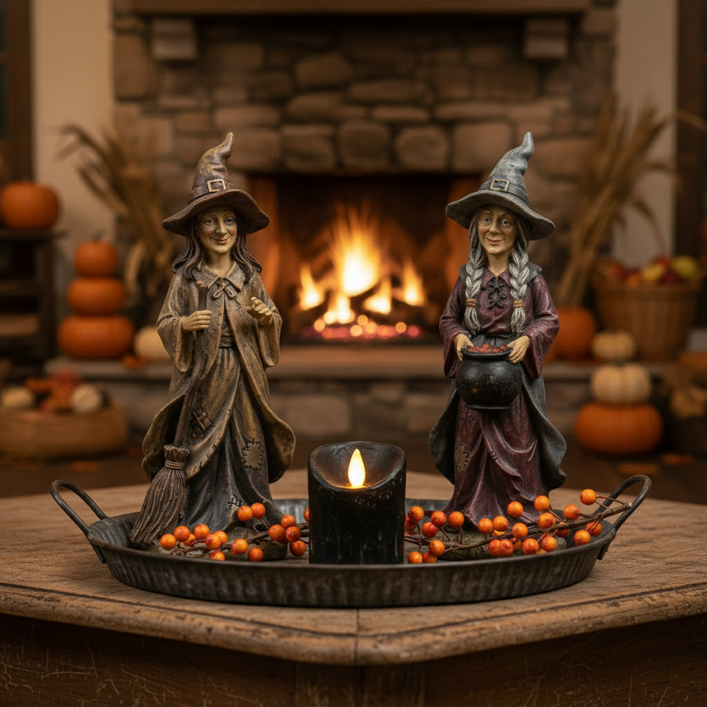 Two witch figurines on a tray with a candle in front of a fireplace and pumpkins.