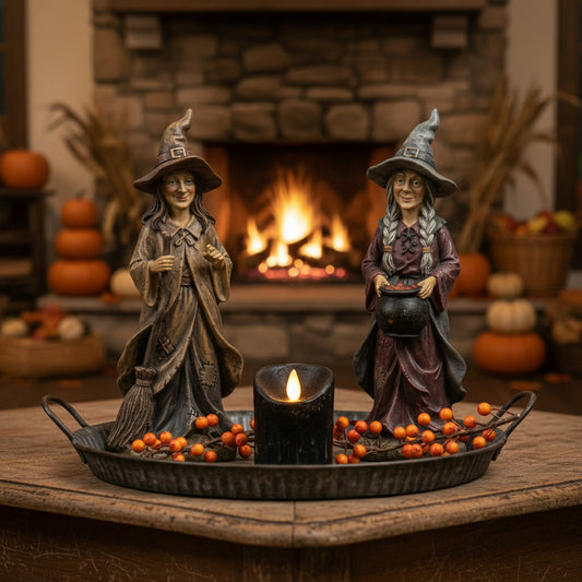 Two witch figurines on a tray with a candle in front of a fireplace and pumpkins.