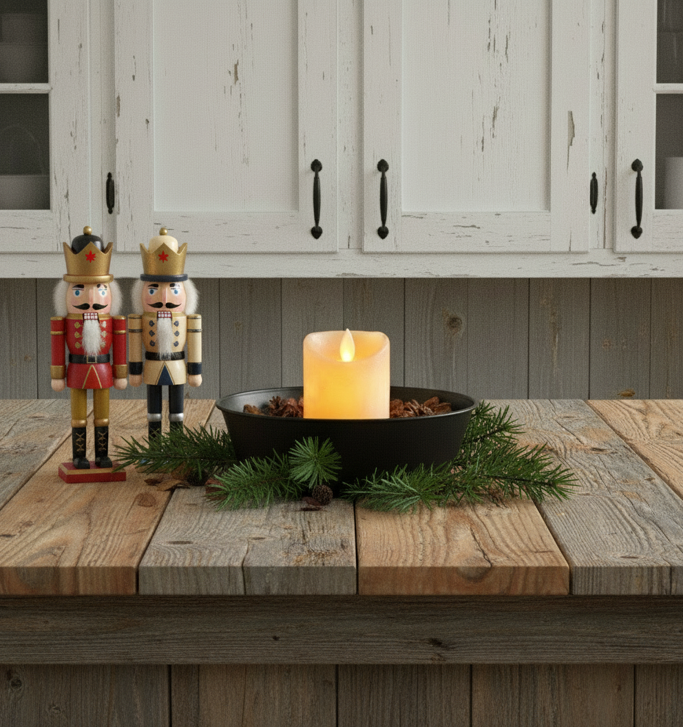 Battery operated taper in a tin pan on a wood table with two nutcrackers