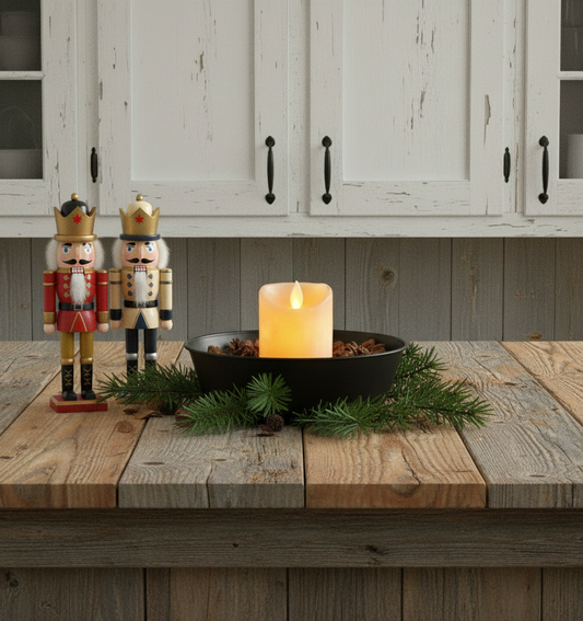 Battery operated taper in a tin pan on a wood table with two nutcrackers