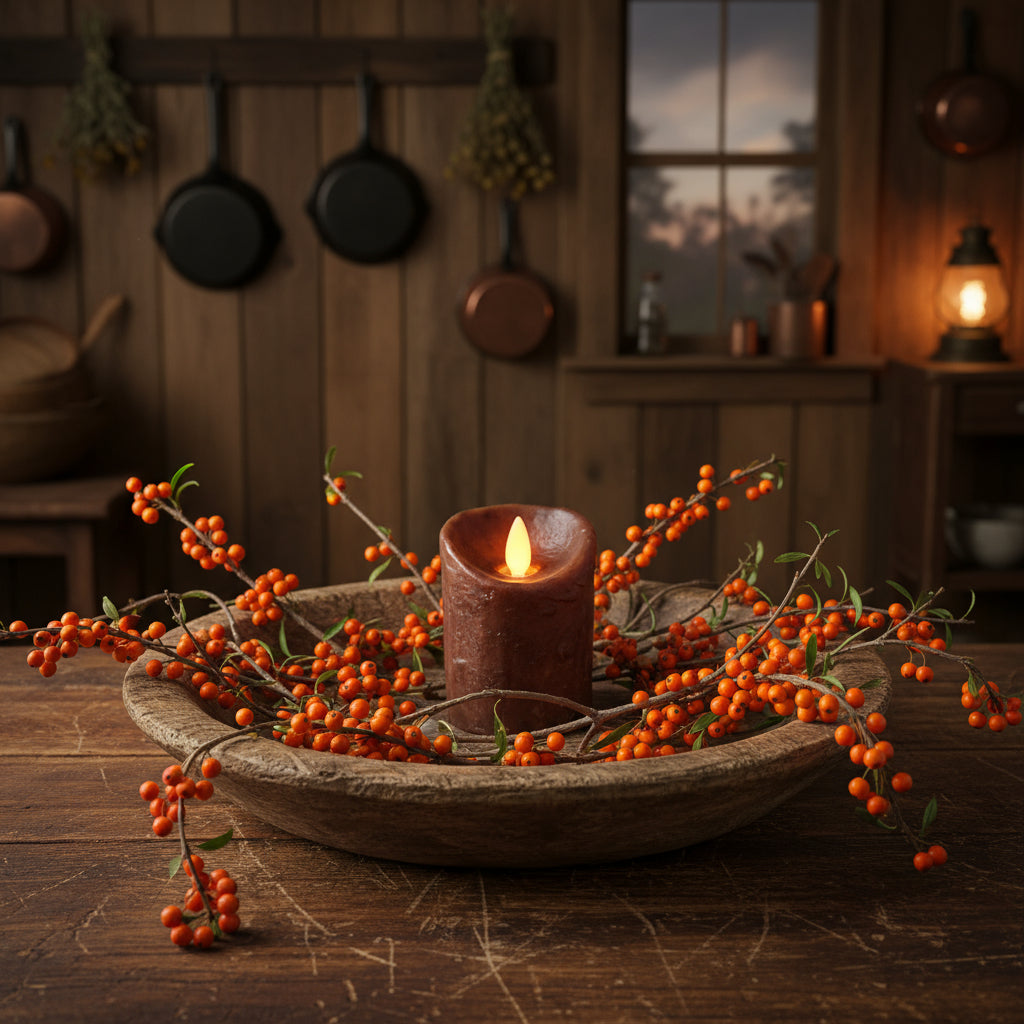Decorative candle with berries in a rustic kitchen setting