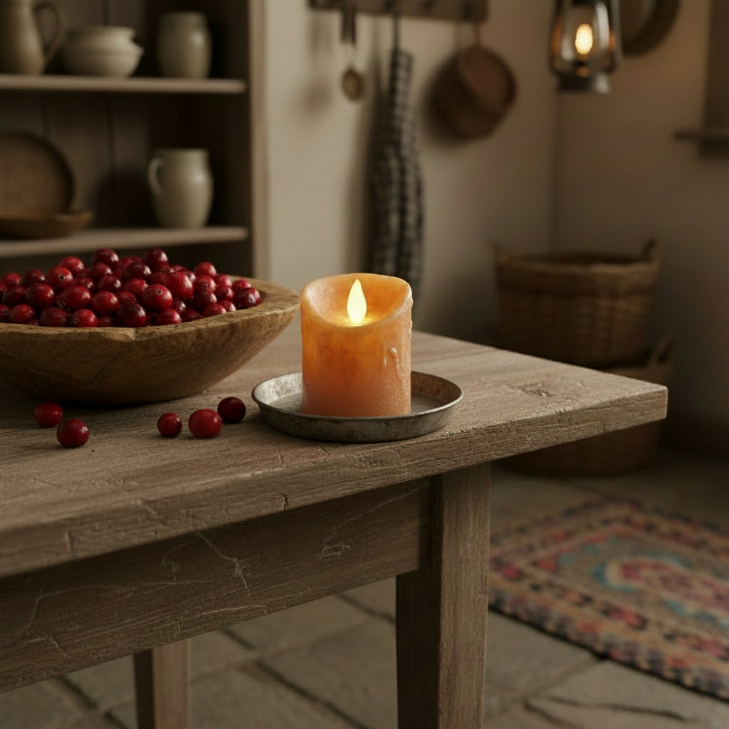Candle on a wooden table with a bowl of berries in a rustic setting