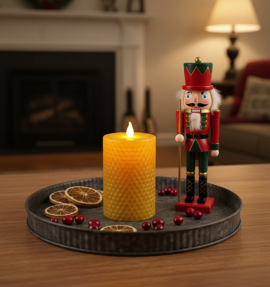 Decorative setup with a lit candle, nutcracker figurine, and orange slices on a tray in a cozy room.