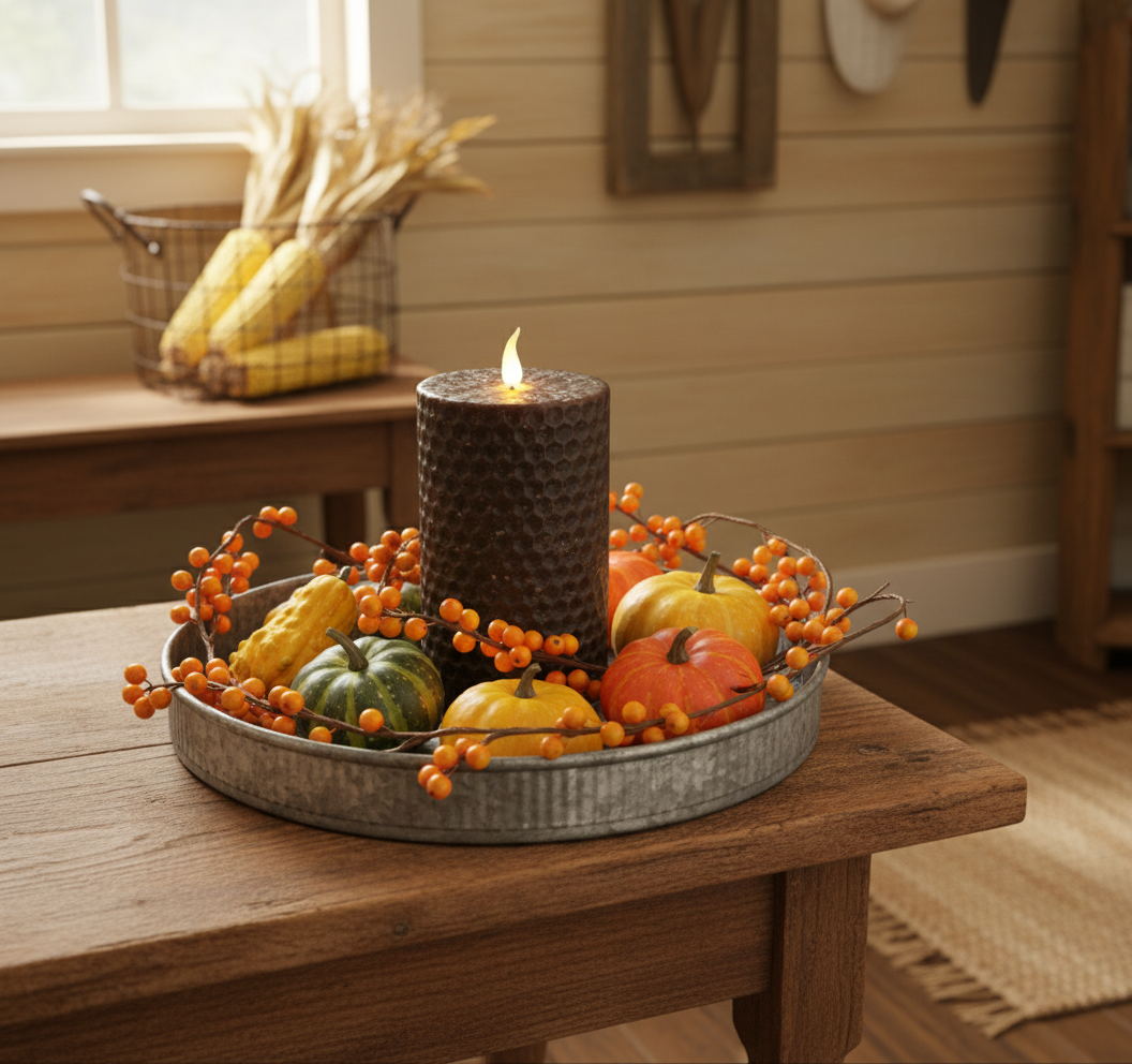 Decorative fall arrangement with candles, pumpkins, and berries on a wooden table.