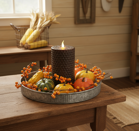Decorative fall arrangement with candles, pumpkins, and berries on a wooden table.