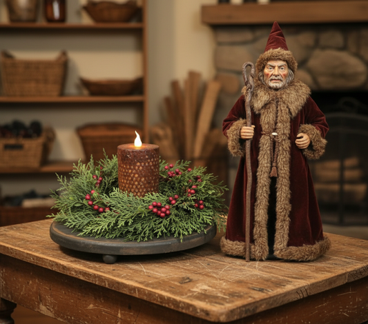 Figurine of a wizard in a cozy room with a candle and wreath on a table.
