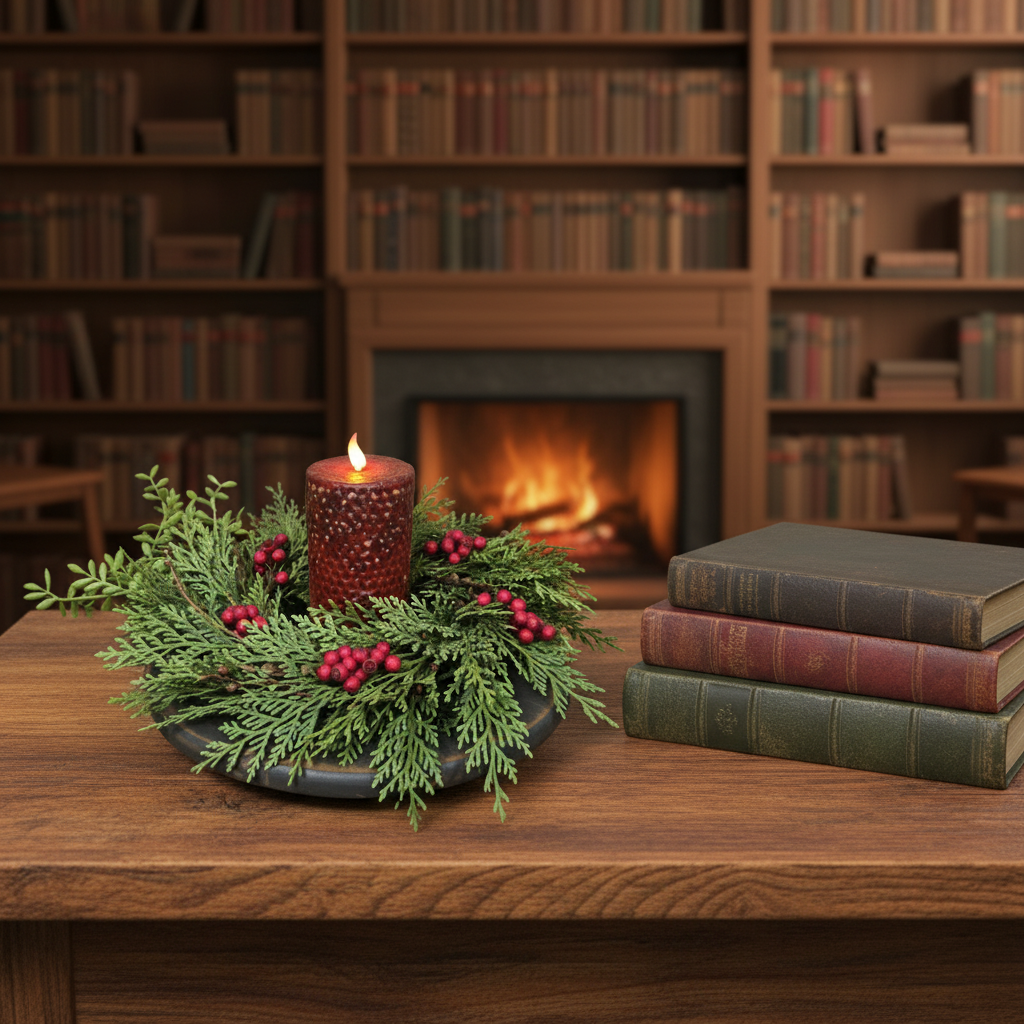 Candle with greenery on a wooden table in front of a fireplace and bookshelves