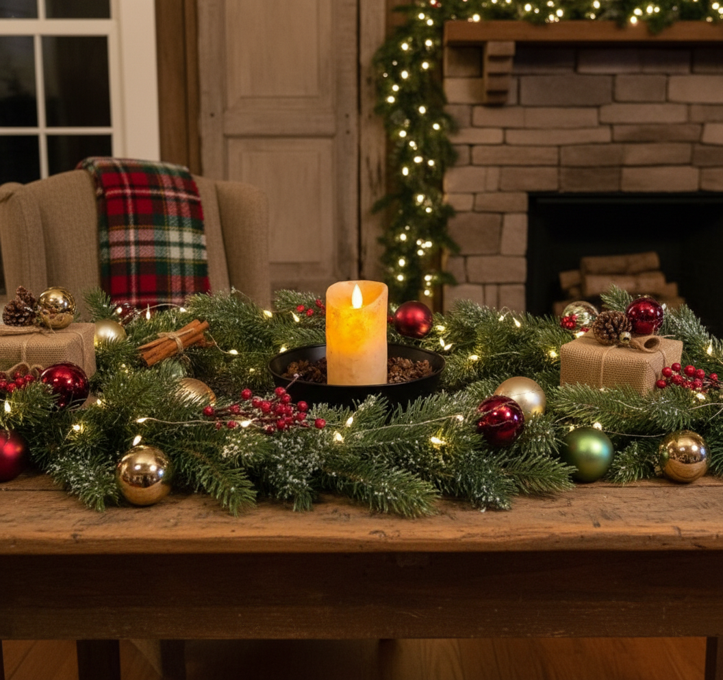 Decorative Christmas garland with ornaments and a candle on a wooden surface in front of a fireplace.