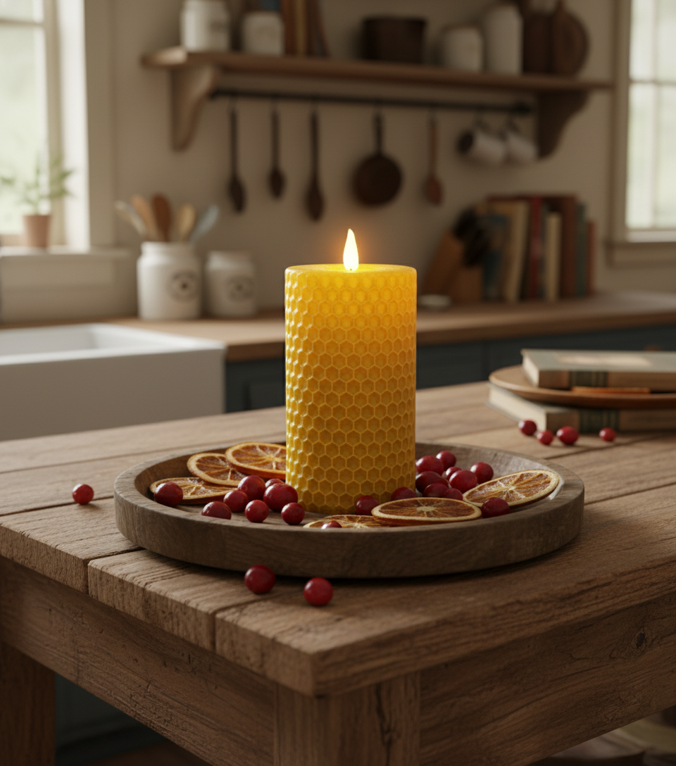 Yellow beehive-patterned candle on a wooden table with fruits and a kitchen background