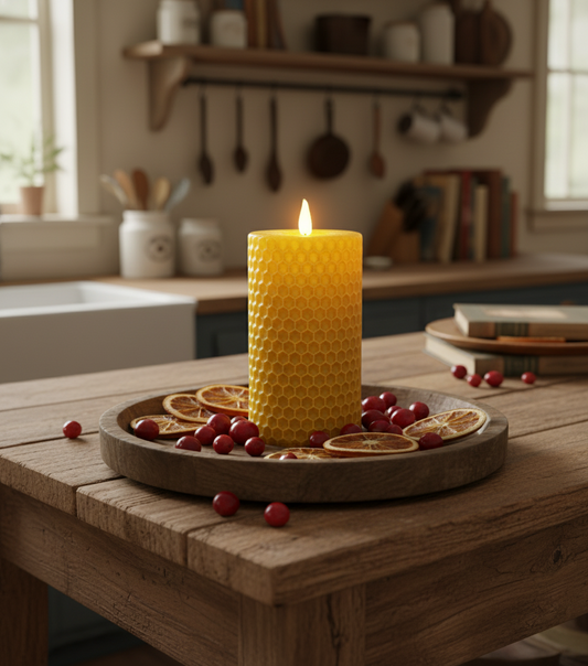 Yellow beehive-patterned candle on a wooden table with fruits and a kitchen background