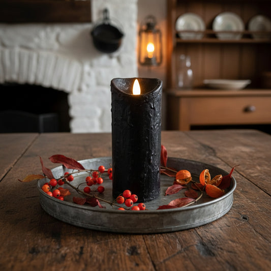 Black candle on a metal tray with berries and leaves in a rustic setting