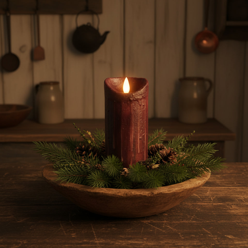 Decorative candle in a wooden bowl with evergreen branches on a rustic wooden surface.