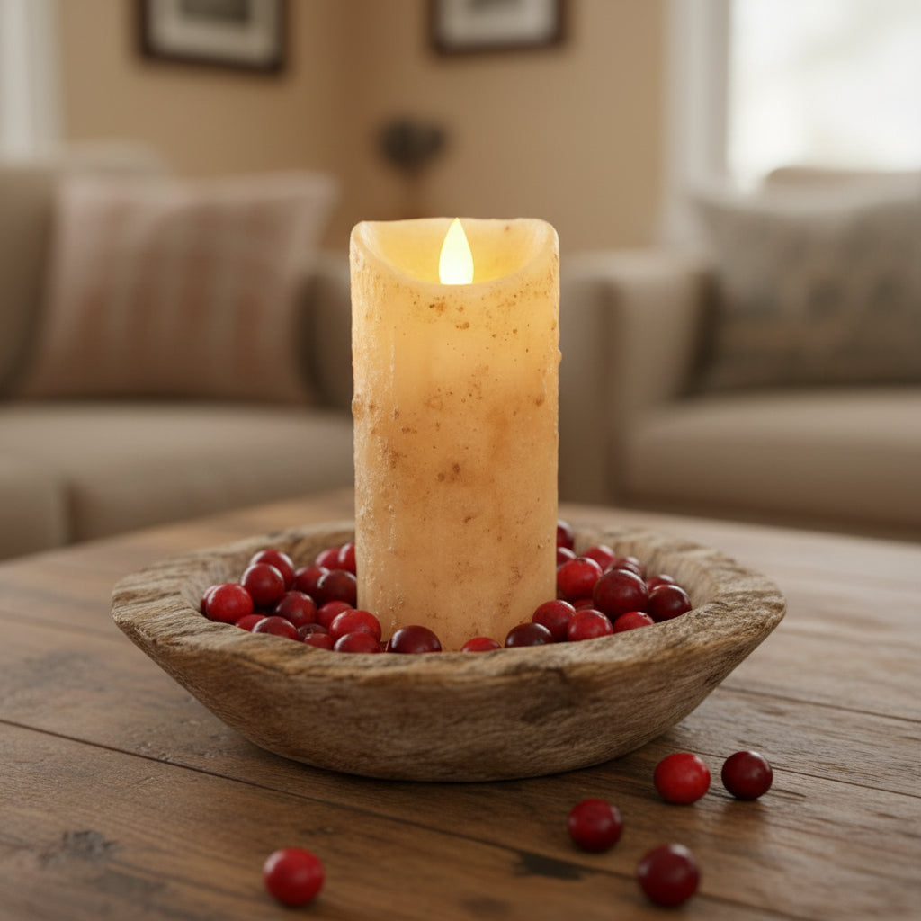 Flickering candle in a wooden bowl with red berries on a wooden table in a living room.