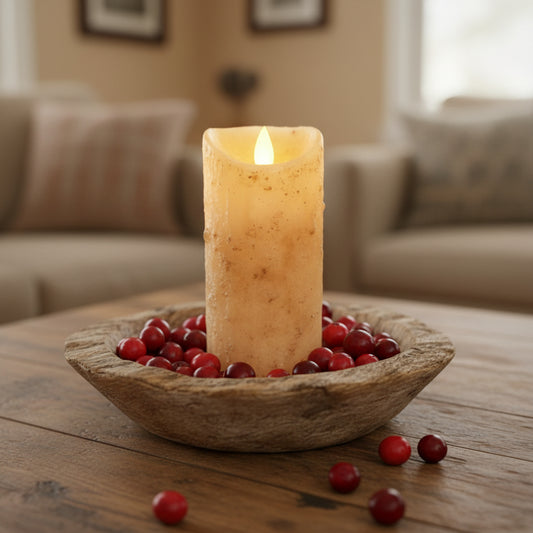 Flickering candle in a wooden bowl with red berries on a wooden table in a living room.