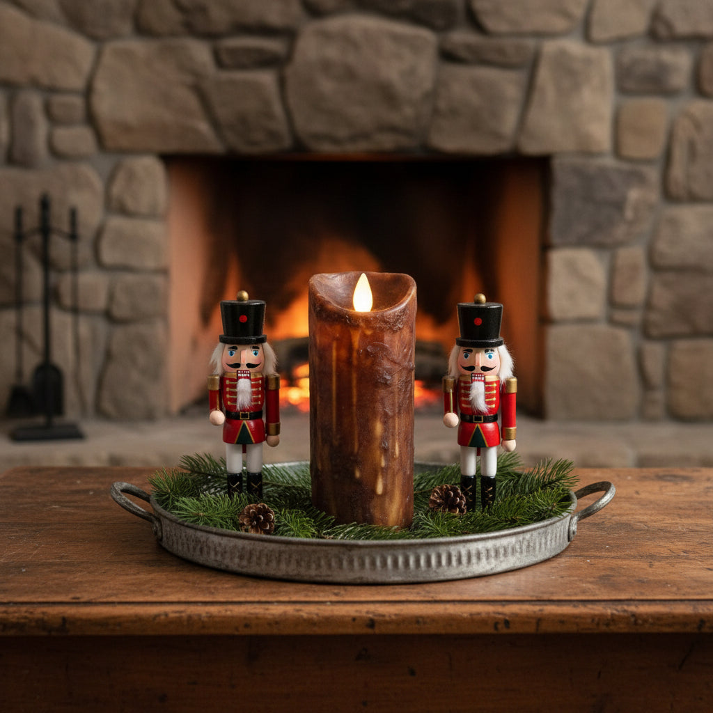 Decorative setup with a lit candle and nutcrackers in front of a stone fireplace.