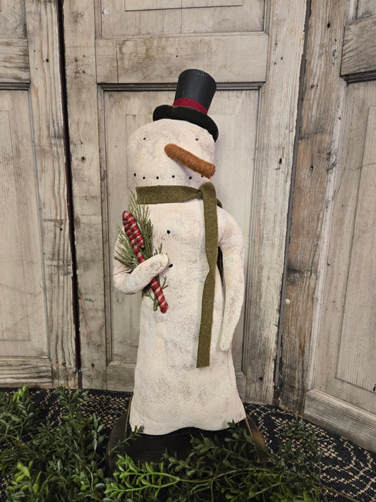 Large Primitive Snowman Holding Candy Cane