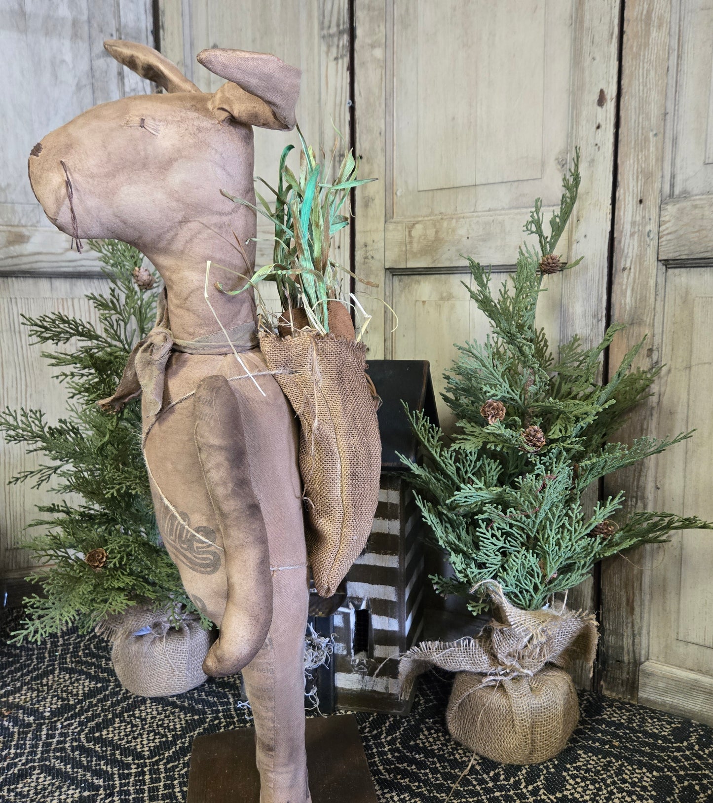 Primitive Bunny with Carrot Sack on Back