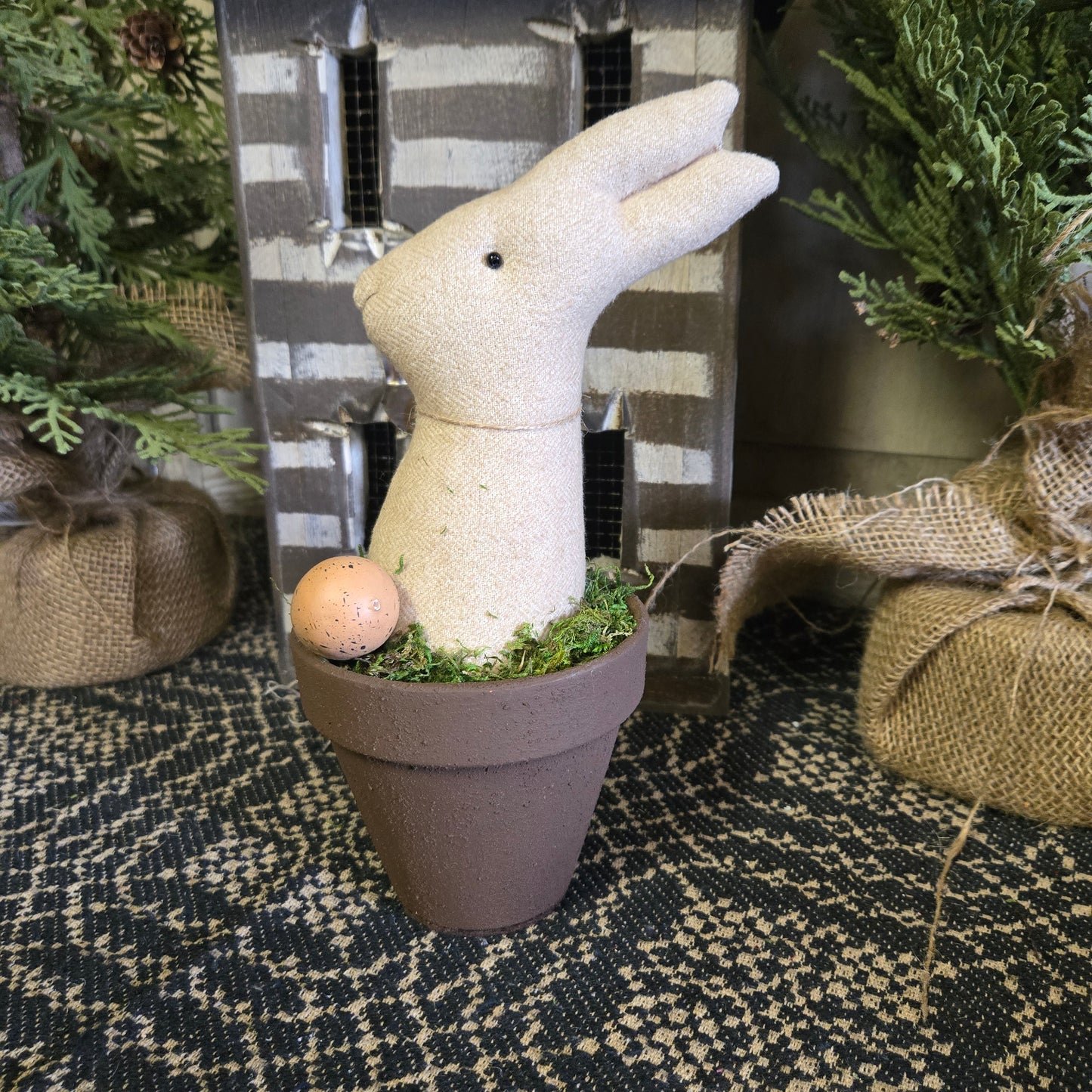 Bunny in Clay Pot with Speckled Egg
