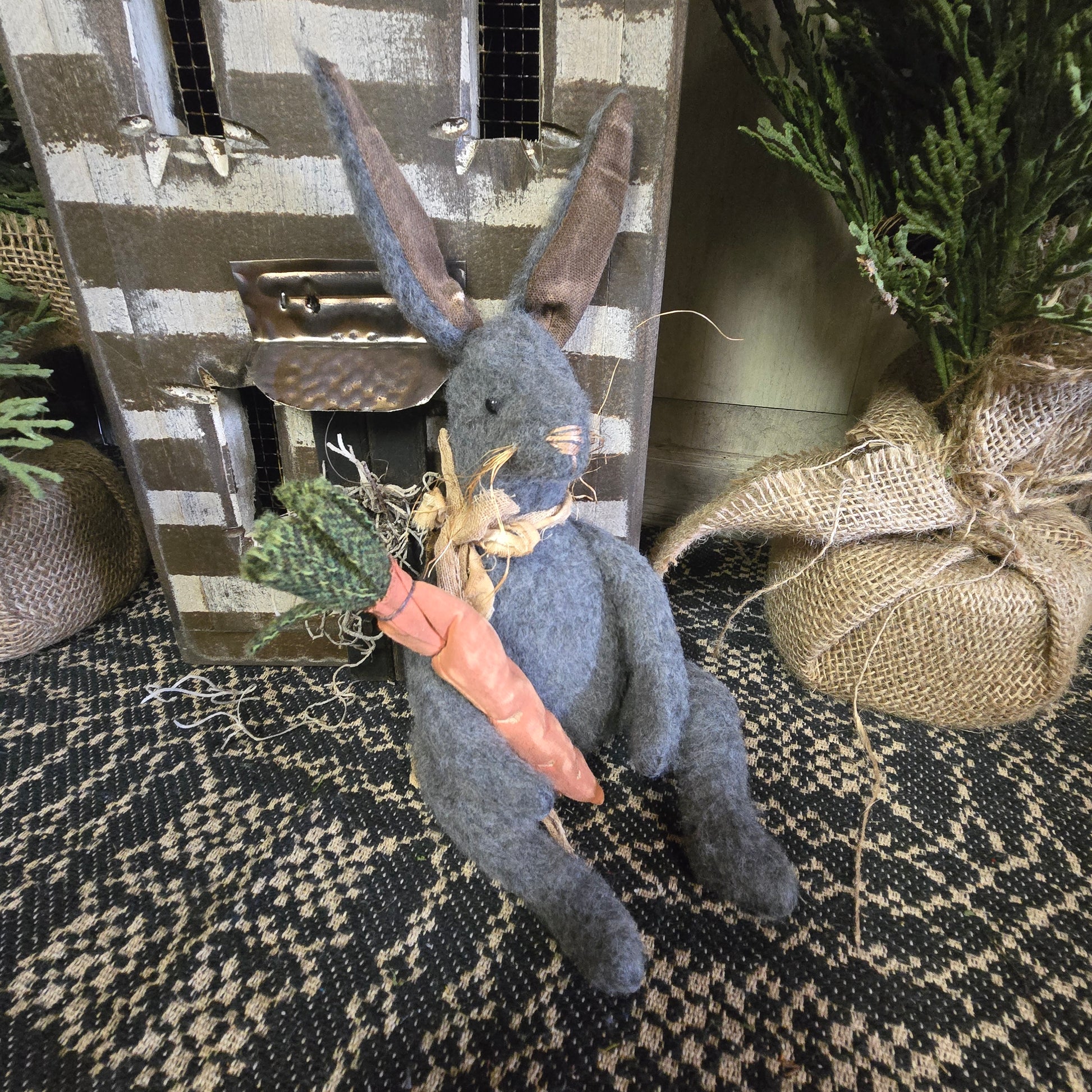 Primitive Gray Bunny Holding Carrot