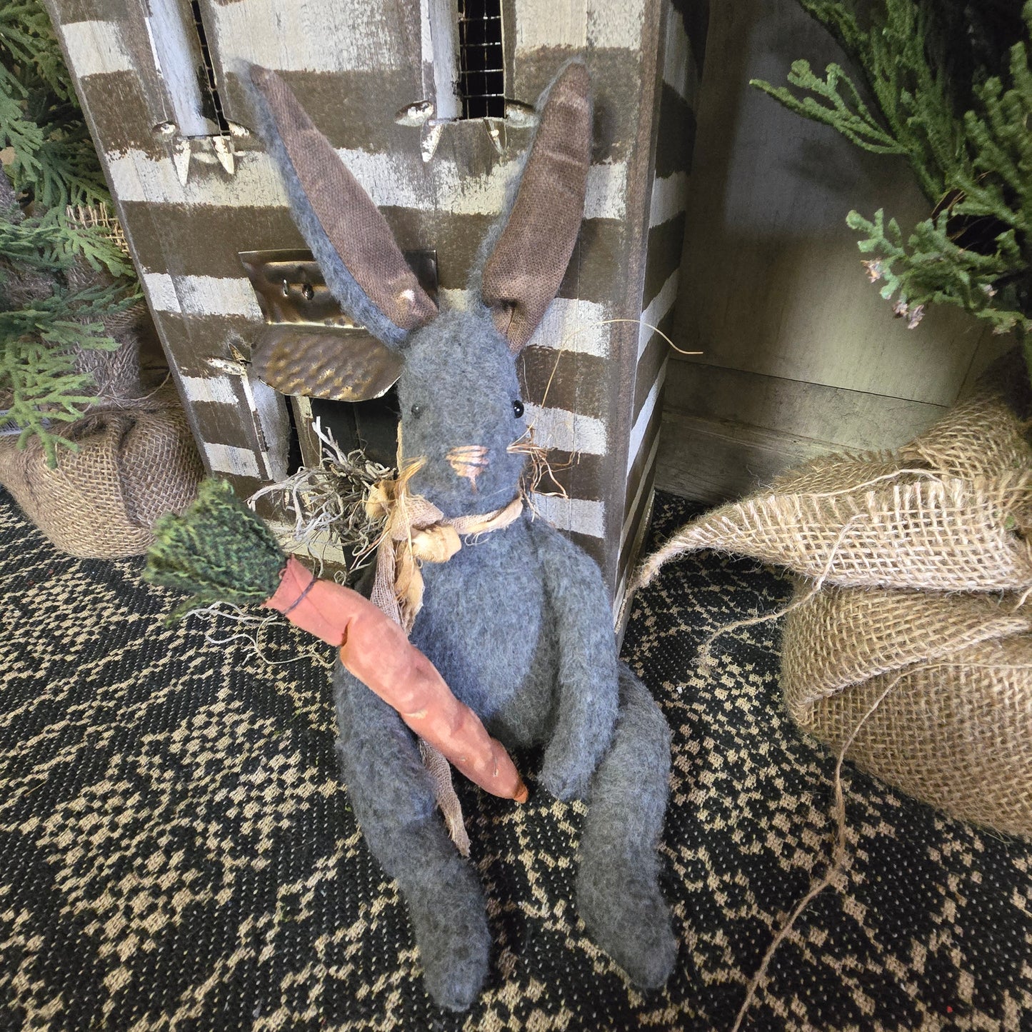 Primitive Gray Bunny Holding Carrot