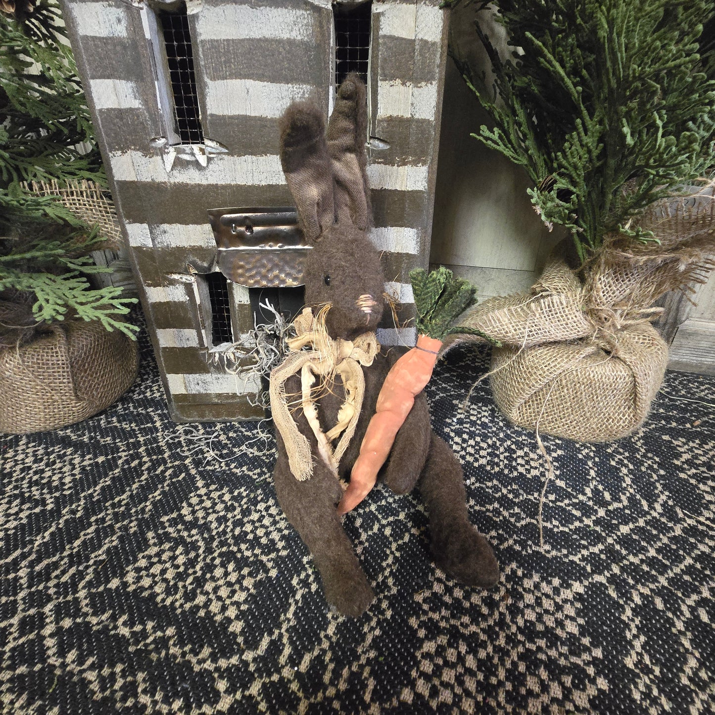 Primitive Brown Bunny Holding Carrot