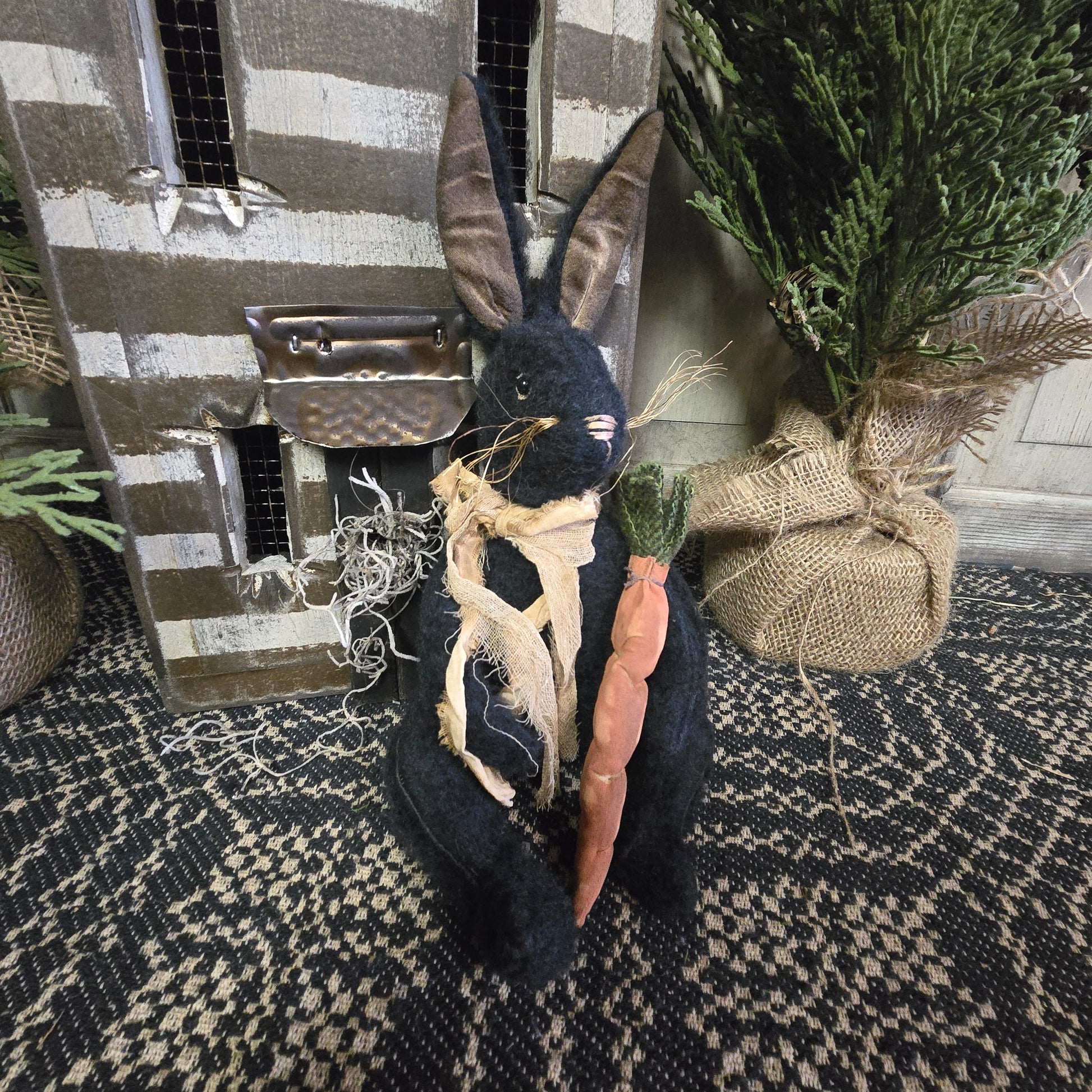 Primitive Black Bunny Holding Carrot