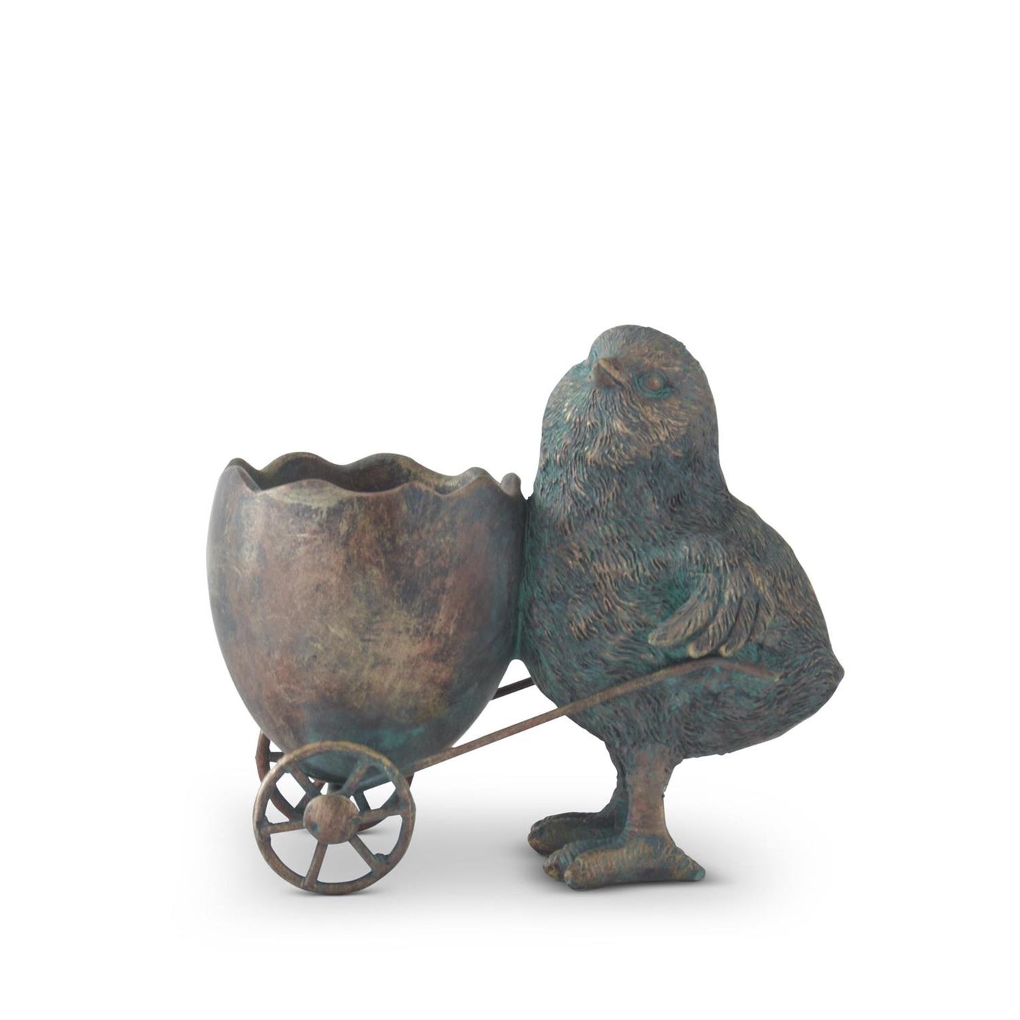 Green and Copper Resin Chicks with Egg Cart in Front