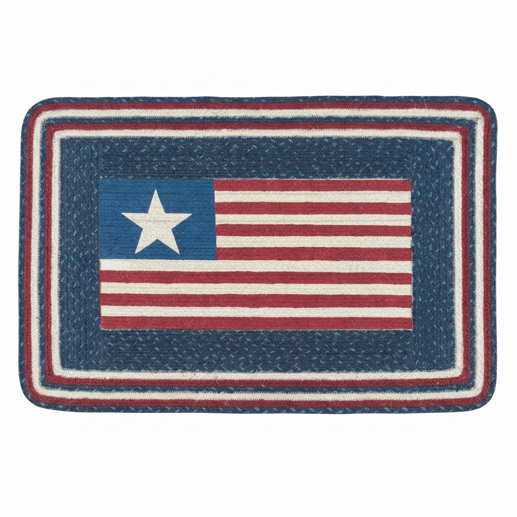 Rectangular braided rug featuring a single-star American flag design with red and cream stripes and a navy border.
