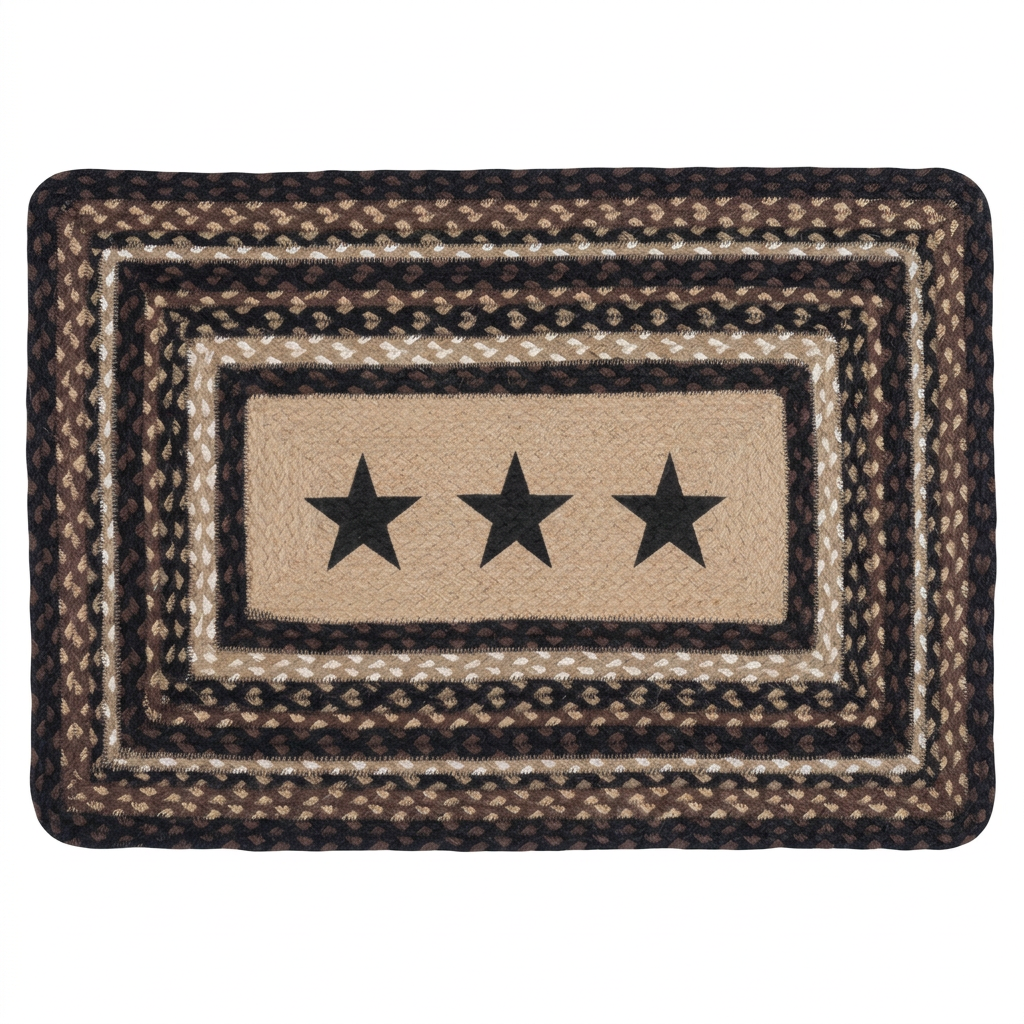 Rectangular braided rug with three black stars on a tan center and layered black, brown and cream borders.