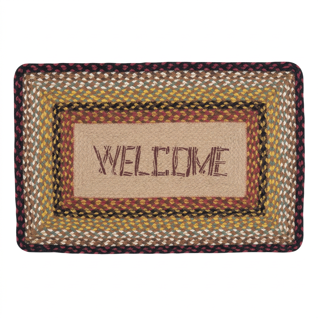 Rectangular braided rug with “WELCOME” on a tan center, surrounded by burgundy, mustard, olive and cream bands.