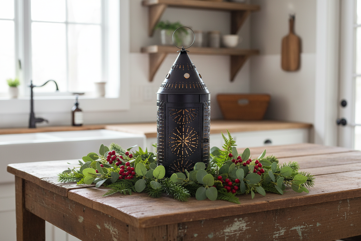 Decorative lantern with greenery on a wooden table in a kitchen setting