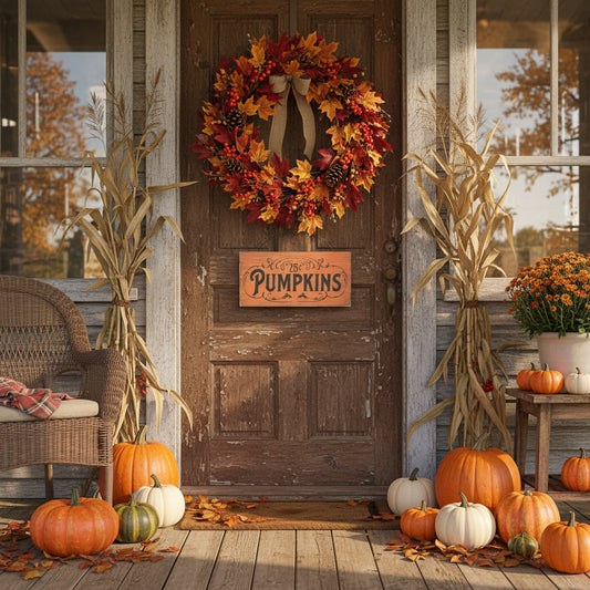 Autumn-themed porch with a wreath, pumpkins, and a 'Pumpkins' sign on a wooden door.
