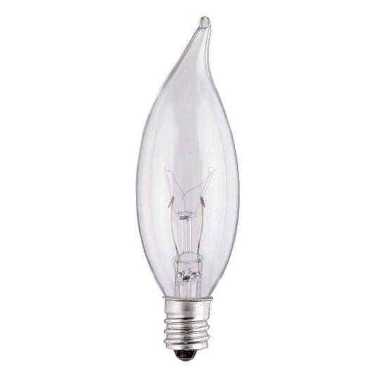 Flame tip candelabra base bulb shown on a white background