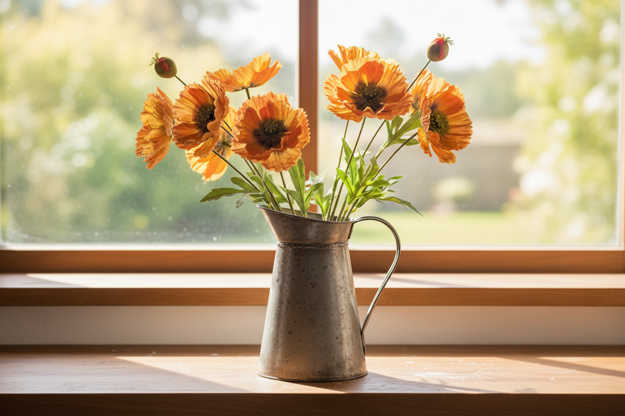 Vintage pitcher with orange flowers on a windowsill