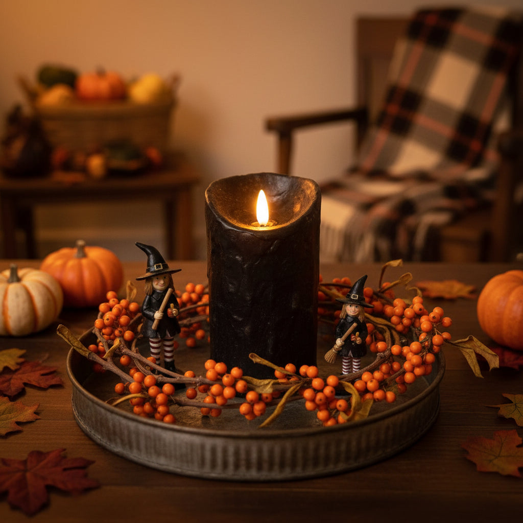 Decorative candle with Halloween-themed figurines on a table with pumpkins and leaves.