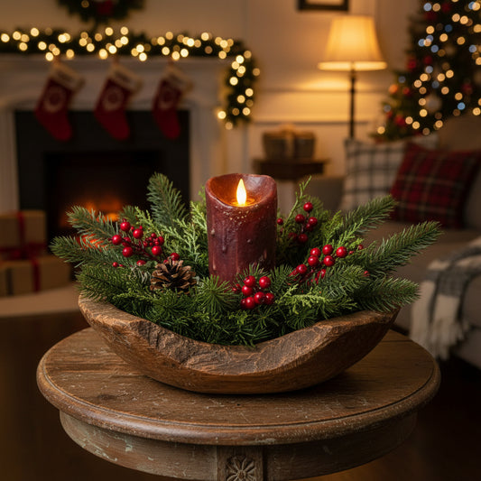 Decorative candle in a wooden bowl with Christmas decorations in a festive living room.