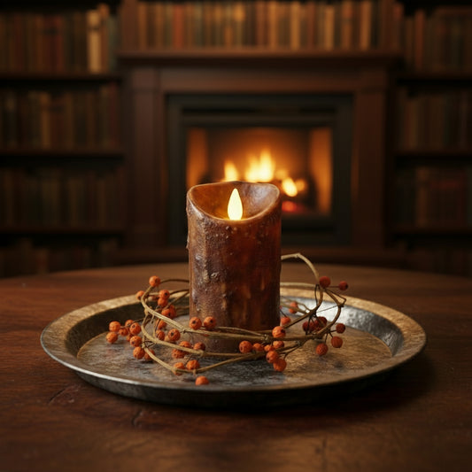 Candle on a metal tray with berries in front of a fireplace