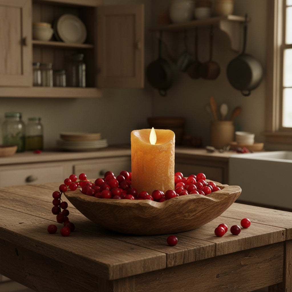 Candle in a wooden bowl with red berries on a rustic kitchen counter.