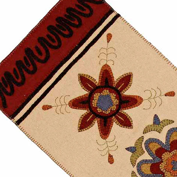 Decorative fabric with floral patterns and a red border on a beige background